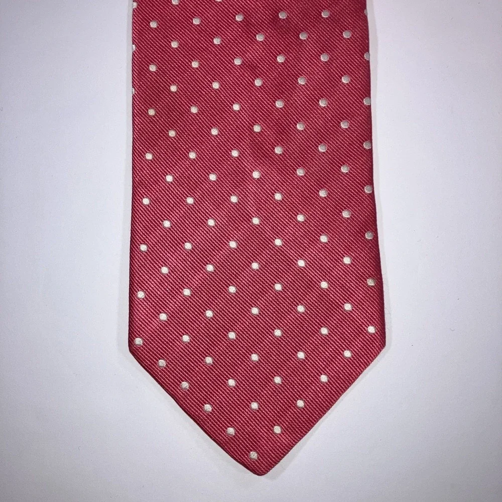 Jos A‎ Bank Silk Repp Tie Pink White Polka Dot Classic Made in Italy 60.5x3.75